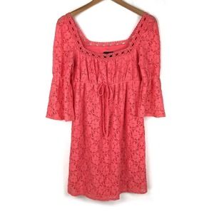 Laundry Cocktail Dress Pink Eyelet Lace Knee Length Empire Peasant Boho Fall M